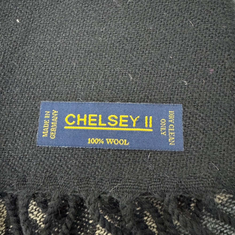 Chelsey II Wool Scarf Diamond Pattern 12x62 Black/Blue/Tan - Picture 2 of 4